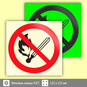 Знак P02 «Запрещается пользоваться открытым огнем и курить» (фотолюминесцентная пленка ГОСТ 34428-2018, 125х125 мм)
